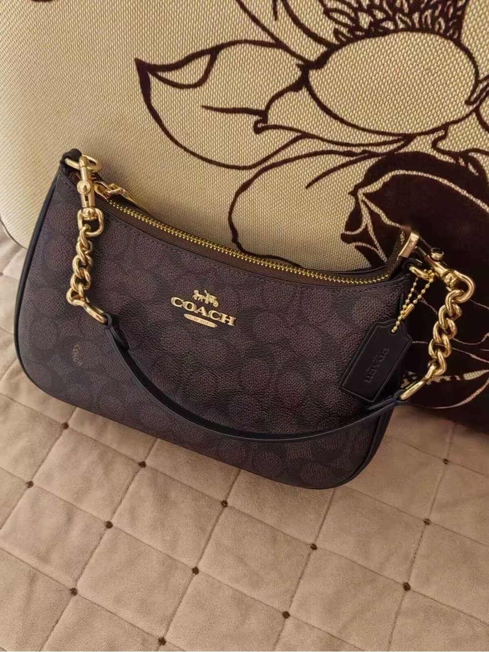 Coach Dark Brown Signature Crescent Shoulder Bag with Gold Hardware